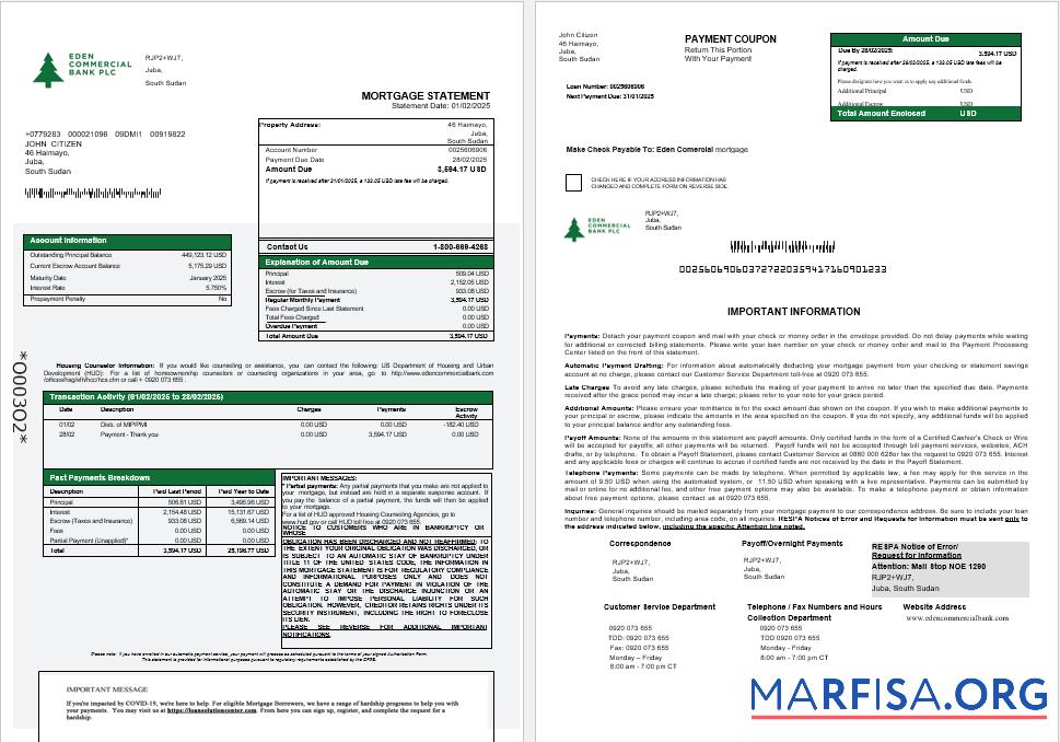 Realistic South Sudan Eden Commercial bank mortgage statement in Word and PDF formats 1 2 example